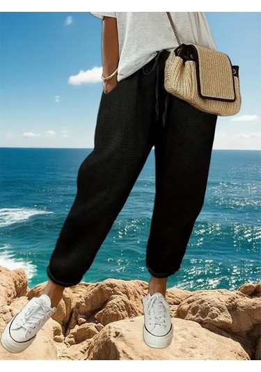 Simala Kadın Yüksek Bel Lastikli Belde Bağcık Detaylı Aerobin Pantolon Siyah