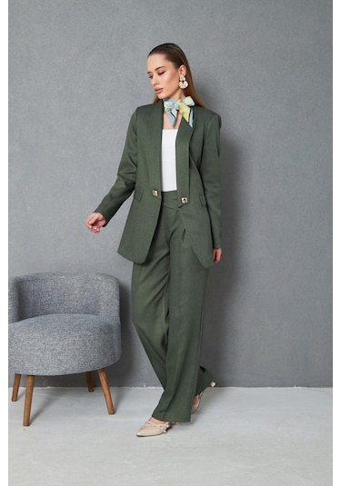 Kare Düğmeli Yünefekt Takım Haki Haki