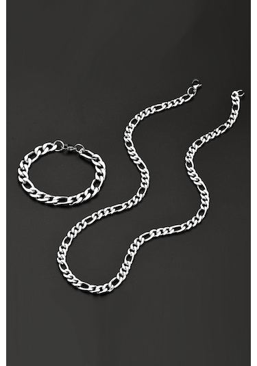 Figaro Erkek Çelik Kolye Bileklik Zincir Set Seçenekli Ack06T Beyaz