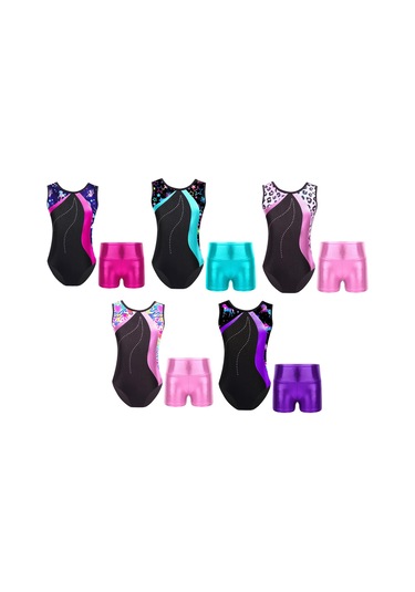 Çocuk Kız Kolsuz Baskılı Patchwork Leotard Metalik Yüksek Bel Şort Setleri Dans Pateni Jimnastik Tulum Göl Yeşili Yeşil