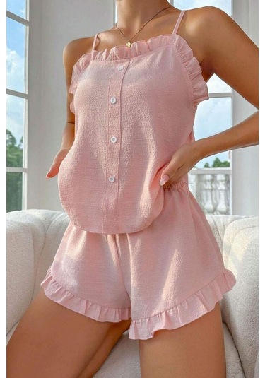Bella Notte Toz Pembe Süs Düğmeli Fırfırlı Şortlu Pijama Takımı