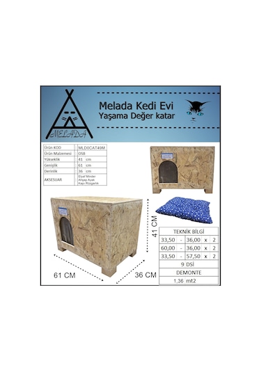 Melada Kedi Evi Dış Ortam Uygun Ahşap Kedi Evi Osb Minderli 61x41x36 Cm