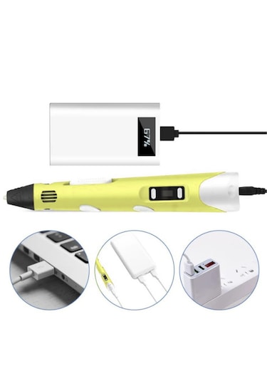 Sarı 3D Kalem 3D Pen Yazıcı Kalem – 10 Adet 5 Metrelik PLA Filament (Toplam 50M) + USB Kablo