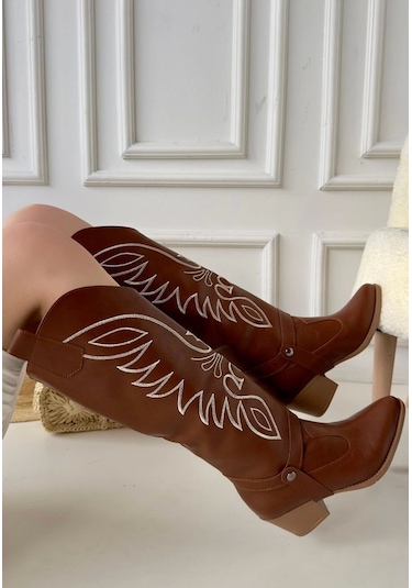 Jilla Taba Cilt Tak Çıkar Topuklu Bot Ve Kadın Çizme Taba1