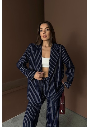 Lacivert Çizgili Ceket Ve Pantolon Takım Lacivert