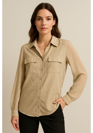 Kadın Bej Şifon Kol Gömlek - Düğmeli, Şık Ve Zarif Tasarım Günlük Ve Ofis Kullanımına Uygun Çok Renkli