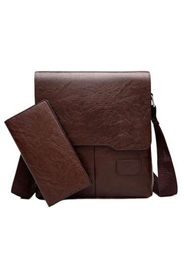 2'li Erkek Omuz Çantası Seti - Koyu Kahve Koyu Kahverengi