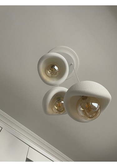 Beton Görünümlü Modern Şık İskandinav Tarz 3 Başlıklı Avize 25cm Rustik Ampul Hediyeli Nestvibe Beyaz