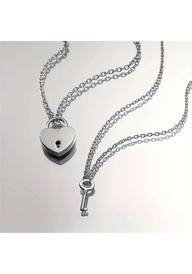 Kalp Kilit Figürlü Sevgili Kolyeleri Çift Kolye Gümüş Kaplama Gümüş