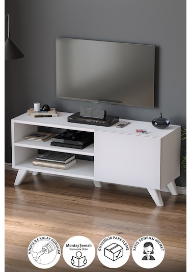 Tv Sehpası Kapaklı Tv Sehpası Raflı Tv Ünitesi Televizyon Sehpası 100 X 35 Cm Malta Beyaz Beyaz