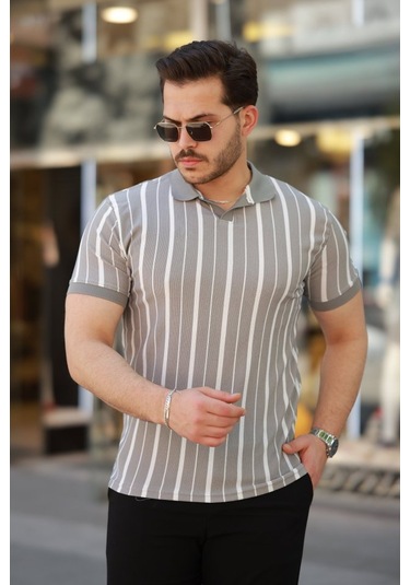 Erkek Yakalı Örme Kumaş Kısa Kollu T-shirt Gri - Beyaz