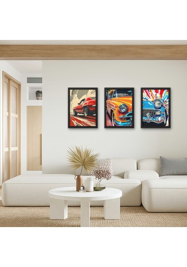 3'lü Pop Art Klasik Araba Ahşap Tablo Seti Retro Otomobil Duvar Dekoru Renkli Erkek Odası