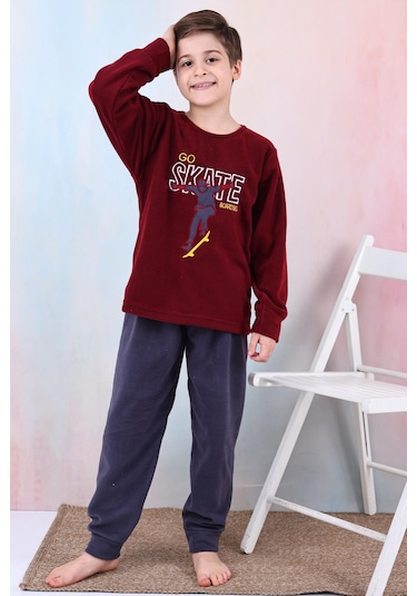 Yeni Sezon Sonbahar/kış Erkek Çocuk Skate Desenli Polar Pijama Takımı 4515 Bordo