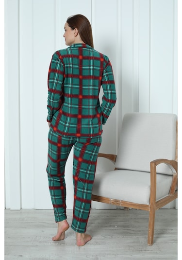 Fawn 3957 Boydan Düğmeli Polar Kışlık Kadın Pijama Takımı Yeşil