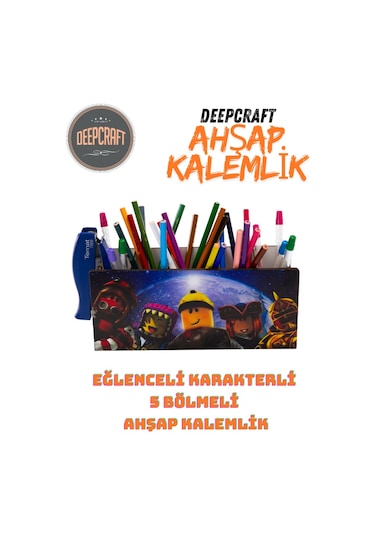 Deepcraft Ahşap Çocuklar İçin Masa Üstü Kare Kalemlik & Organizer-roblox