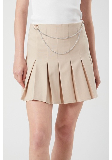 4155 Kadın Zincir Detay Pileli Mini Etek Bej Bej