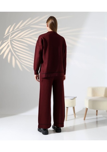 Kontrast Dikişli Kadın Triko Takım Bordo