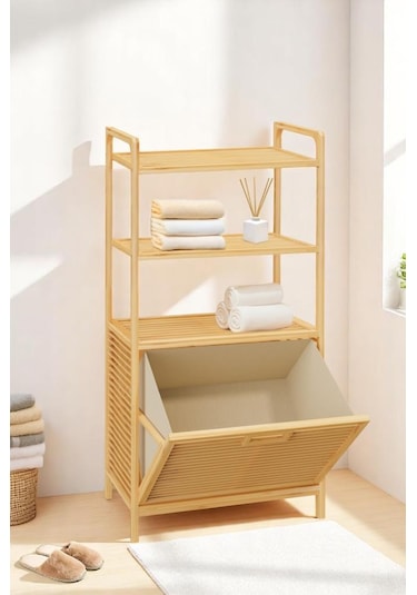 Digithome Bambu Xl Kirli Sepetli 3 Raflı Çok Amaçlı Banyo Düzenleyici Çamaşır Sepeti Organizer Db-0011 Ahşap