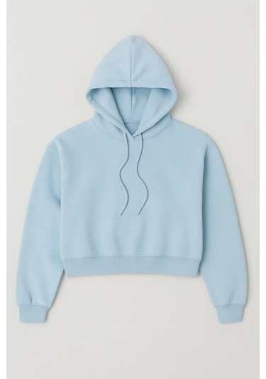 Üç İplik Kapüşonlu Crop Sweat Bebe Mavisi