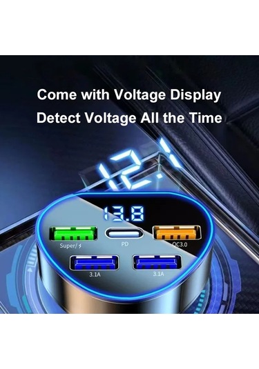 Uyuxıo Usb C Araç Şarj Adaptörü 5'i 1 Arada Gerilim Göstergesi İle Süper Hızlı Car Charger