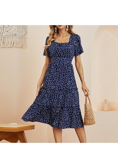 Yaz Aşk Desen Nokta Baskı Elbise Kadın Rahat A-line Kısa Kollu Kare Yaka Ruffles Orta Uzun Şifon Kırmızı Siyah Mavi Yeşil S-xl Kırmızı