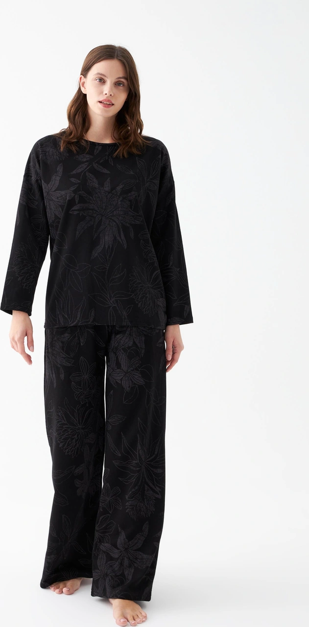Akbeniz Kadın Oversize Siyah Çiçek Desenli Pamuklu Kalın Pijama Takımı Siyah