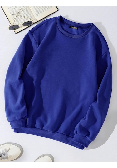 Unisex Oversize Bisiklet Yaka Basic Düz Sweatshirt - Saks Mavisi