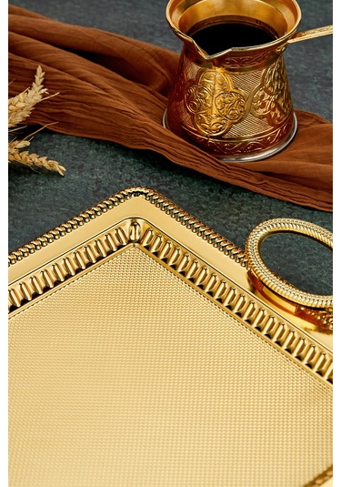 Cooker 2'li Özel Seri Dikdörtgen Model Lüx Metal Çay Sunum, Nişan Tepsisi 35x25 Ve 44x32 Cm Altın