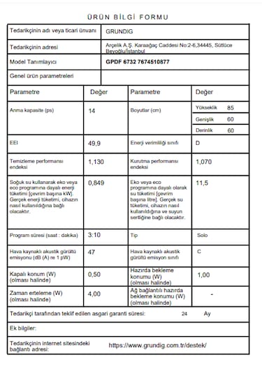 Grundıg GPDF 6732 14 Kişilik 6 Programlı Bulaşık Makinesi Beyaz