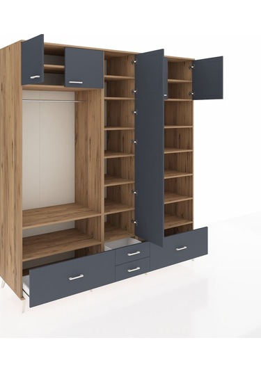 Kronos Dolap 18 Raflı 4 Çekmeceli Tek Askılı 220x59x243 Çam-antrasit/antrasit Antrasıt/antrasıt