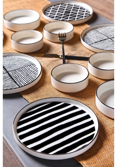 KitchenLife Stackable Pop Black White 12 Parça 6 Kişilik Kahvaltı Takımı Beyaz - Siyah