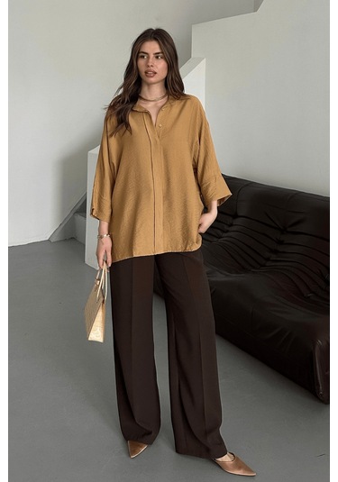 Paw Garage Kadın Evelyn Vizon Oversize Gömlek, Keten Ayrobin Ön Patlı Gömlek Vizon