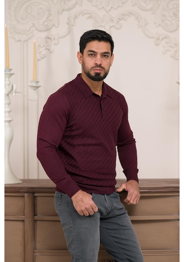 Woolen World Polo Yaka Slimfit Desenli Yünlü Erkek Triko Kazak Bordo