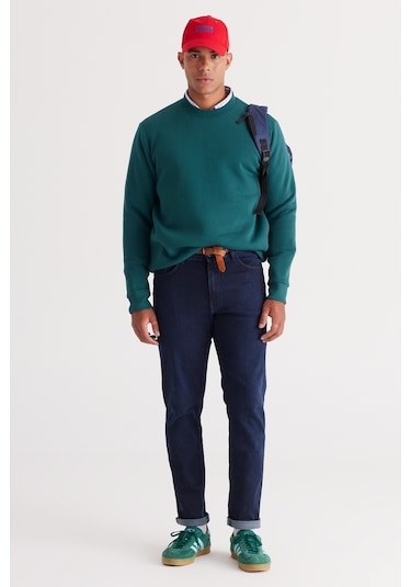 AC&Co / Altınyıldız Classics Erkek Koyu Yesıl Standart Fit Normal Kesim İçi Polarlı Bisiklet Yaka Sweatshirt Koyu Yeşil