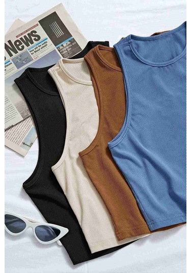 Merry See Tek Renk 1 Adet Kadın Kolsuz Örme Kumaş Bluz Crop Krem 001