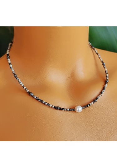 İnci Ceyt Ve Hematit Doğal Taş Kolye Nazar Koruyucu, Enerji Dengeleyici, Şık El Yapımı Kolye Çok renkli