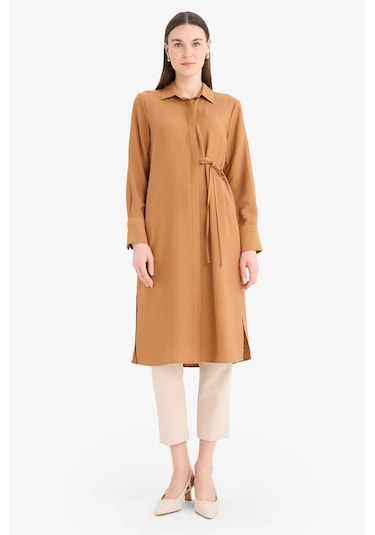 DeFacto Regular Fit Gömlek Yaka Büzgülü Uzun Kollu Diz Altı Tesettür Tunik D9862AX25SMBN301