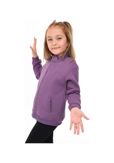 Toontoy Kız Çocuk Dik Yaka Fermuarlı Yarım Düşük Omuz Örme Hırka - 2 İplik Şardonlu Mor