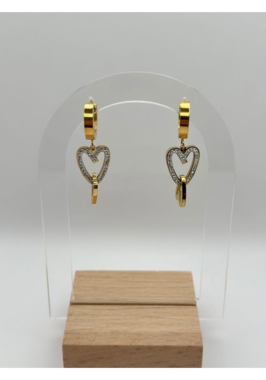 Arnes Jewelry Çelik Zirkon Taşlı Kalpli Küpe Ar303nes Gold