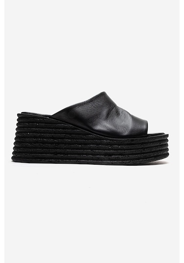 Luvishoes Marc Siyah Cilt Hakiki Deri Dolgu Topuklu Kadın Terlik Siyah