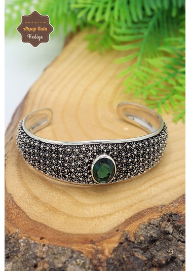 Zümrüt Taşlı Yöresel İşlemeli 925 Ayar Saf Gümüş Kadın Bilezik 201024738 Gümüş