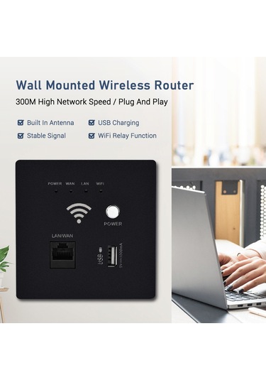 Maiyame Duvar Kurulu Siyah Wifi Router 300m Ap, Usb Şarj Portlu, Kablosuz Erişim Noktası, Stabil Performanslı