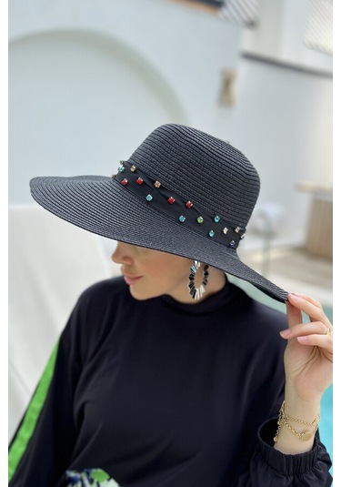 Remsa Şerit Taşlı Hasır Şapka Rş-97 Siyah Siyah