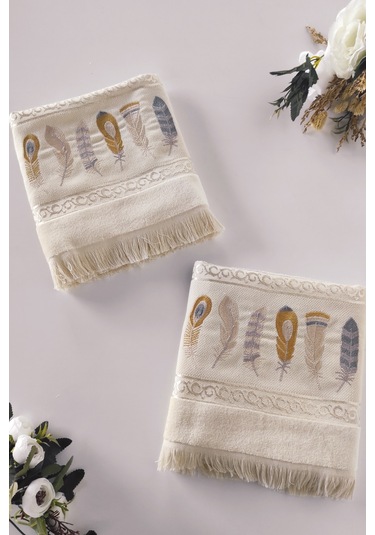 2'li Nakışlı Kadife El Havlusu -jakarlı Tüy İşlemeli Yüz Havlusu - %100 Pamuk Cappuccıno Cappuccino