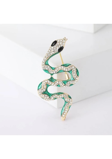 Mufunye Зеленый Змеиный Дизайн Брошь С Искусственным Горным Хрусталем - Повседневный Ювелирный Украшение Çok Renkli