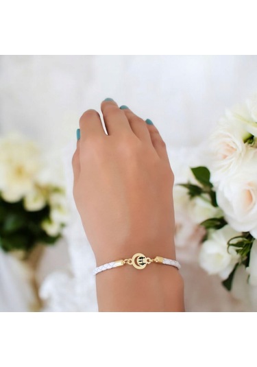 Archin Aile Temalı Doğal Beyaz Derili Ay Motifli 14 Ayar Altın Plakalı Hediye Bileklik-477sembol Aile