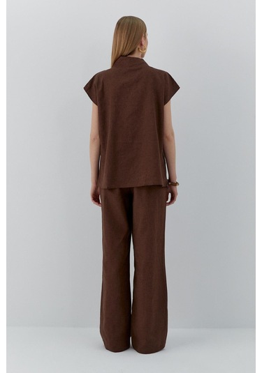 Düğme Detaylı Keten Takım Kahverengi Kahverengi