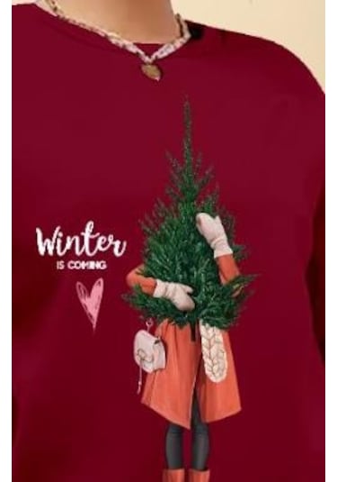 Kadın Uzun Kollu Bisiklet Yaka Desenli Viskon Iki Iplik Bluz Bordo