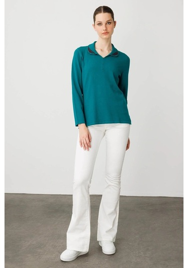 Desen Triko Polo Yaka Likralı Kadın Bluz 25091 Yeşil