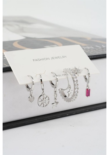Kadın Vip Seri Mix Zirkon Taşlı 6'lı Küpe Seti - Gümüş